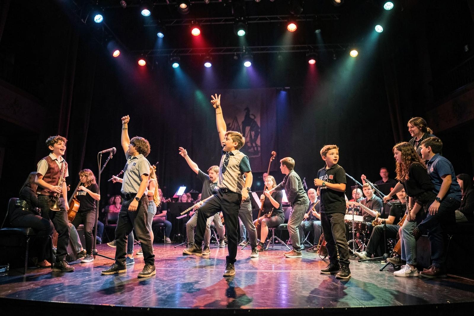 Apresentação de performing arts com estudantes no palco