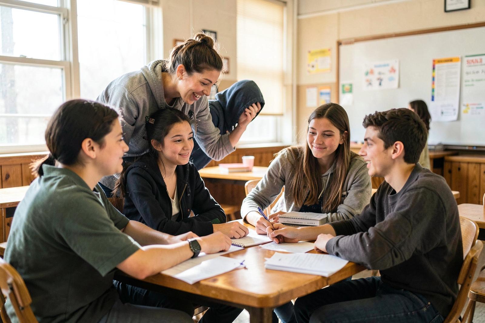 Turma pequena com professora acompanhando os estudantes de perto