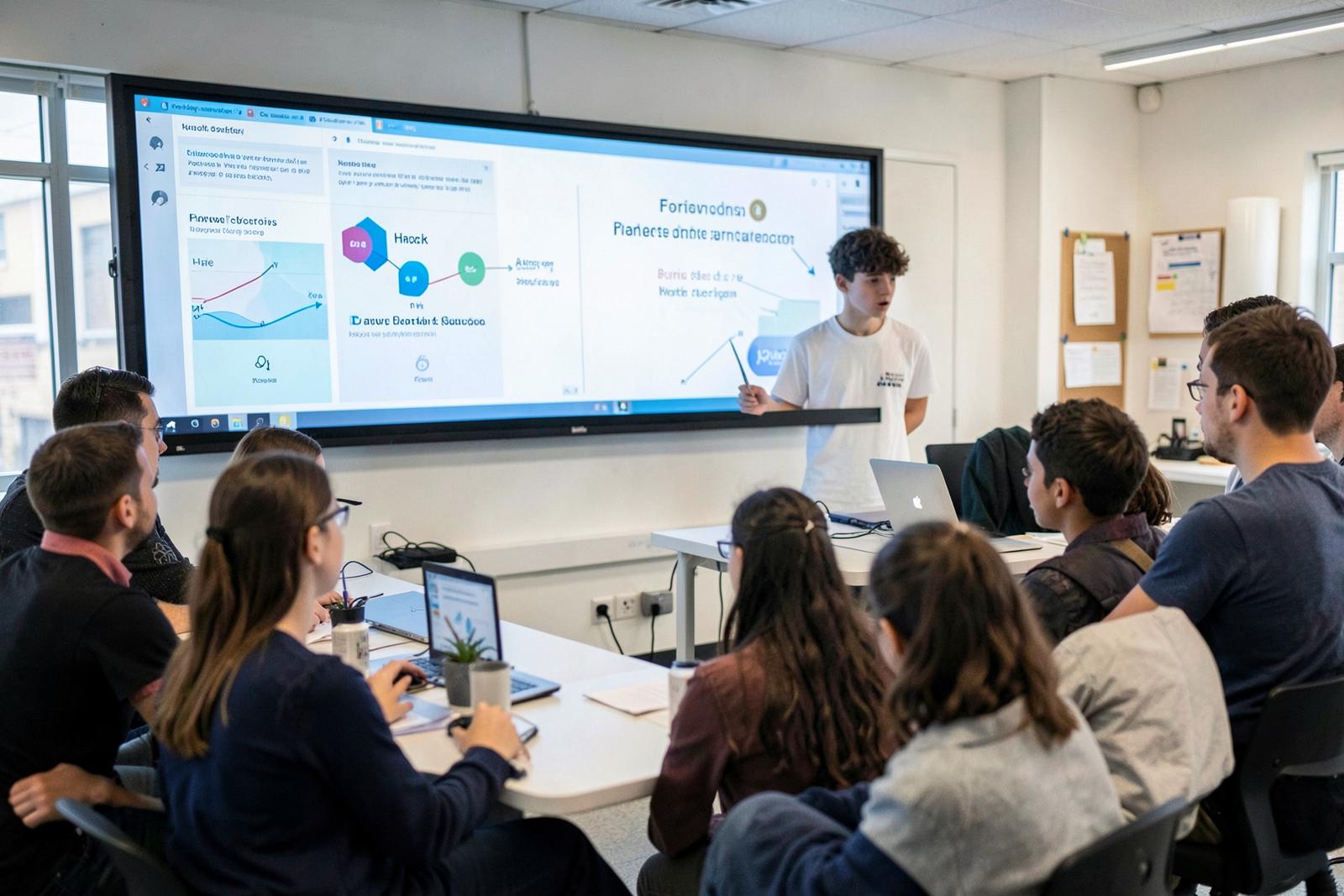 Estudante apresentando um projeto para a turma